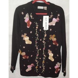 NWT Christmas/holiday Sweater Cardigan w Stockings Bows Golden vines buttons Siz